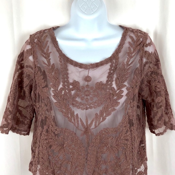 Say What? old rose pink sheer lace top M - Picture 4 of 5